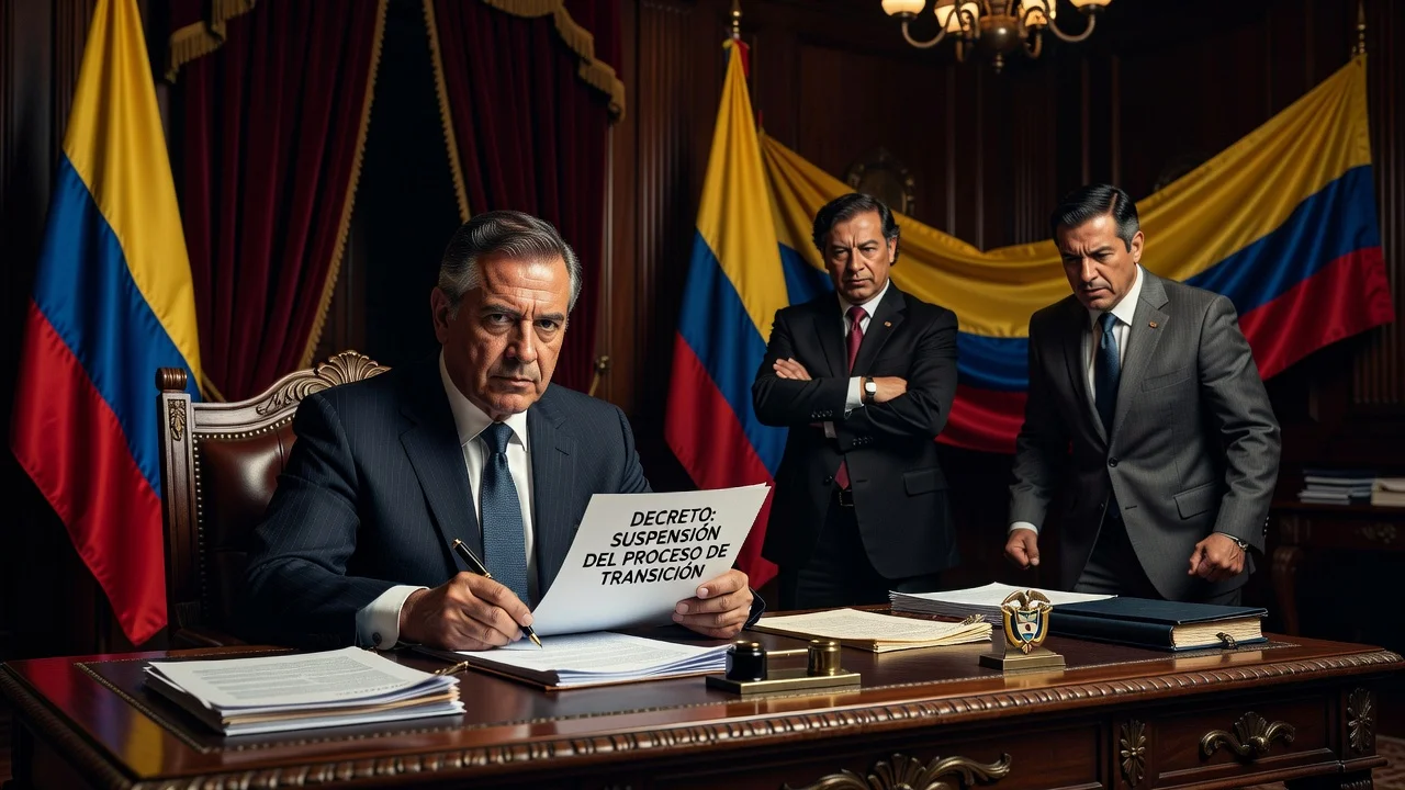 Tense political standoff between De La Espriella suspending transition and Petro rejecting election results in an official Colombian office setting.