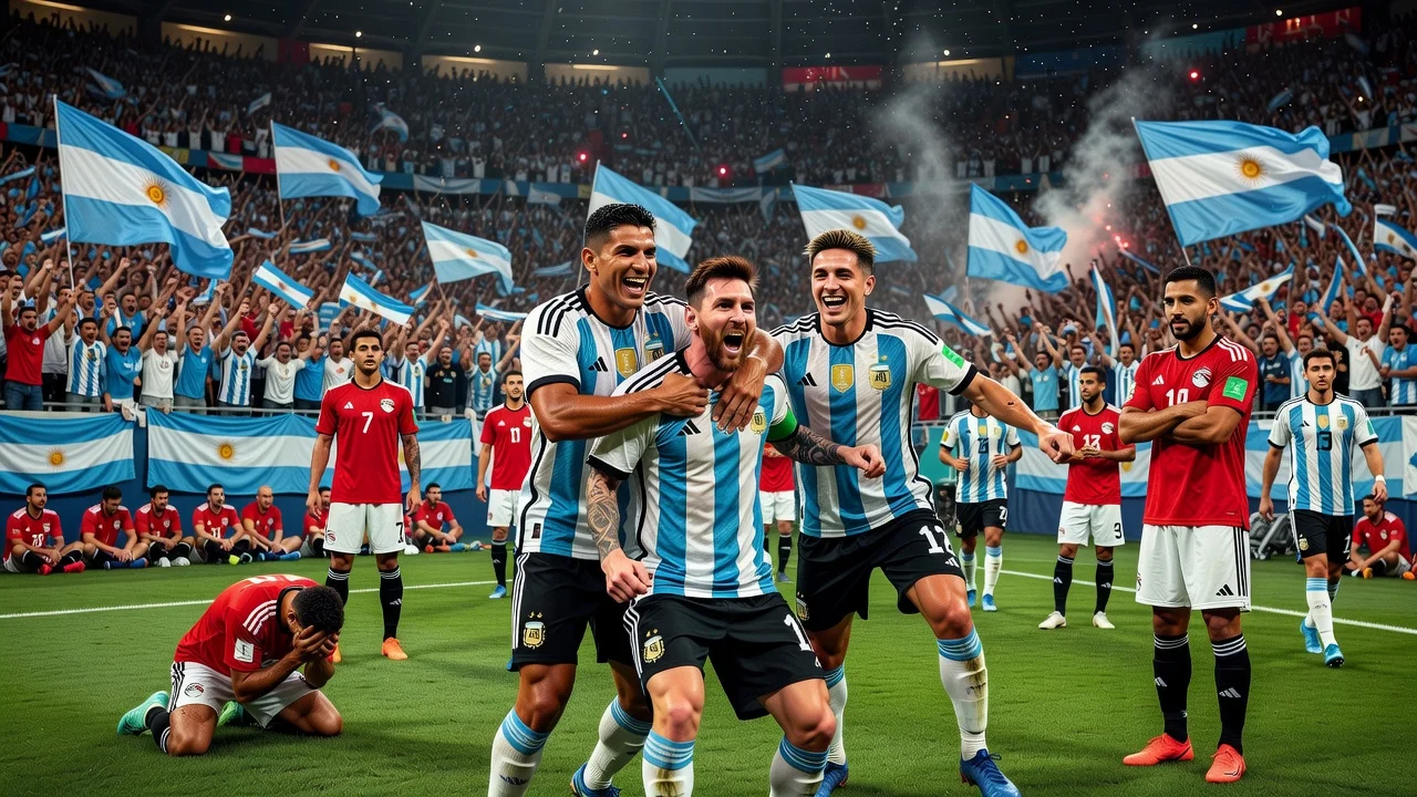 Lionel Messi and Argentina players celebrating a comeback victory over Egypt in the World Cup.