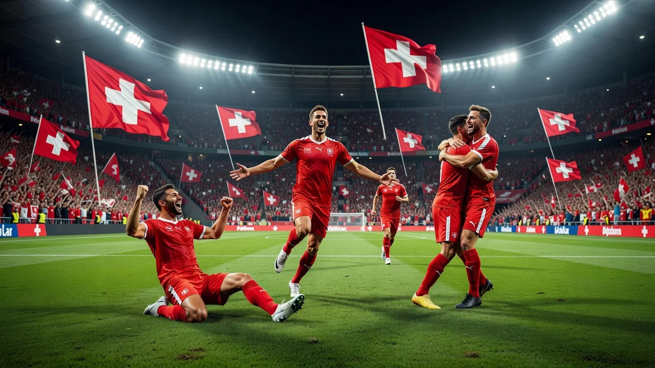 Swiss football team celebrating after winning penalty shootout against Colombia to reach World Cup quarter-finals