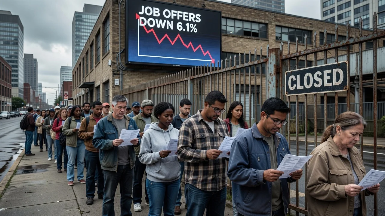 Illustration of job seekers facing declining employment opportunities with a graph showing falling job offers.