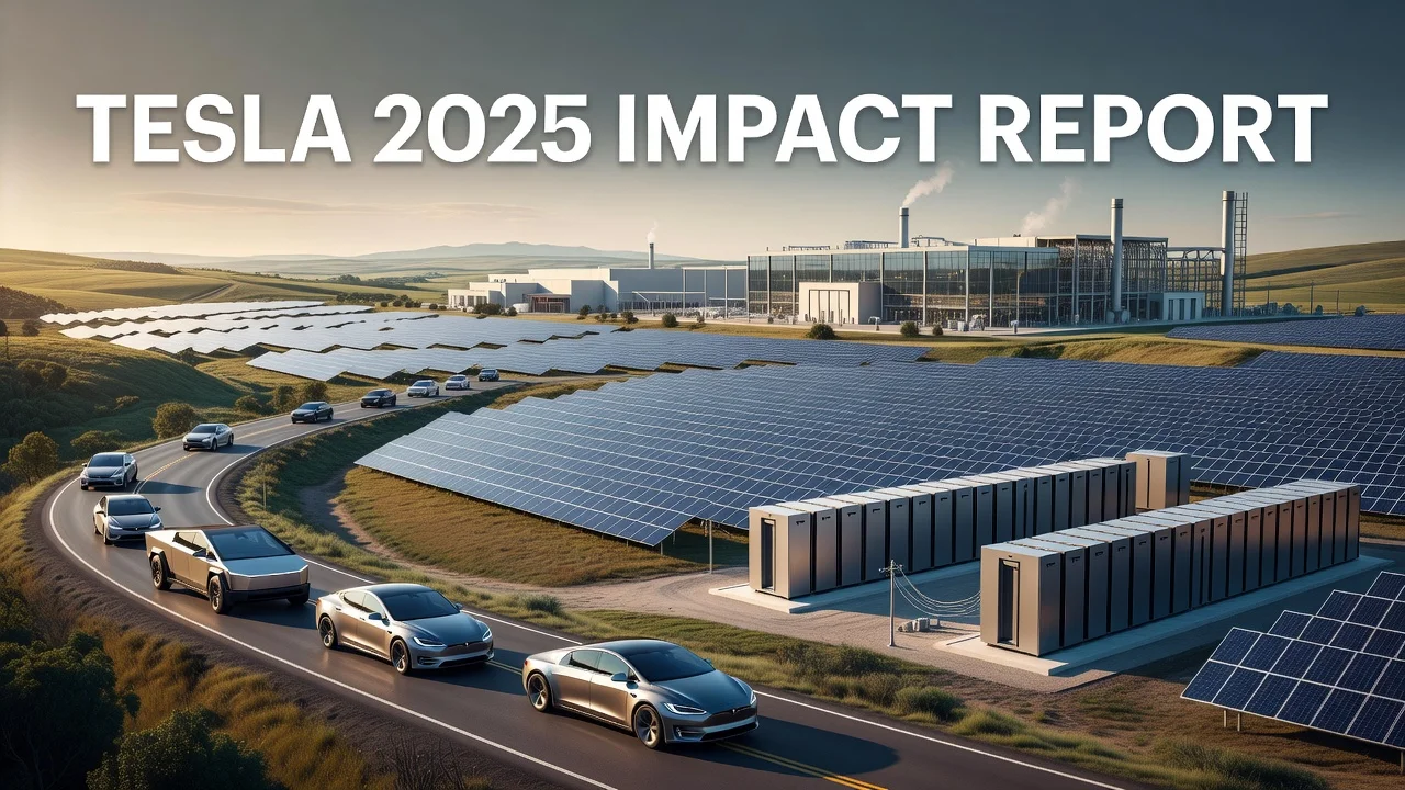 Illustration depicting Tesla's 2025 Impact Report with elements of energy, transportation, and manufacturing for abundance.