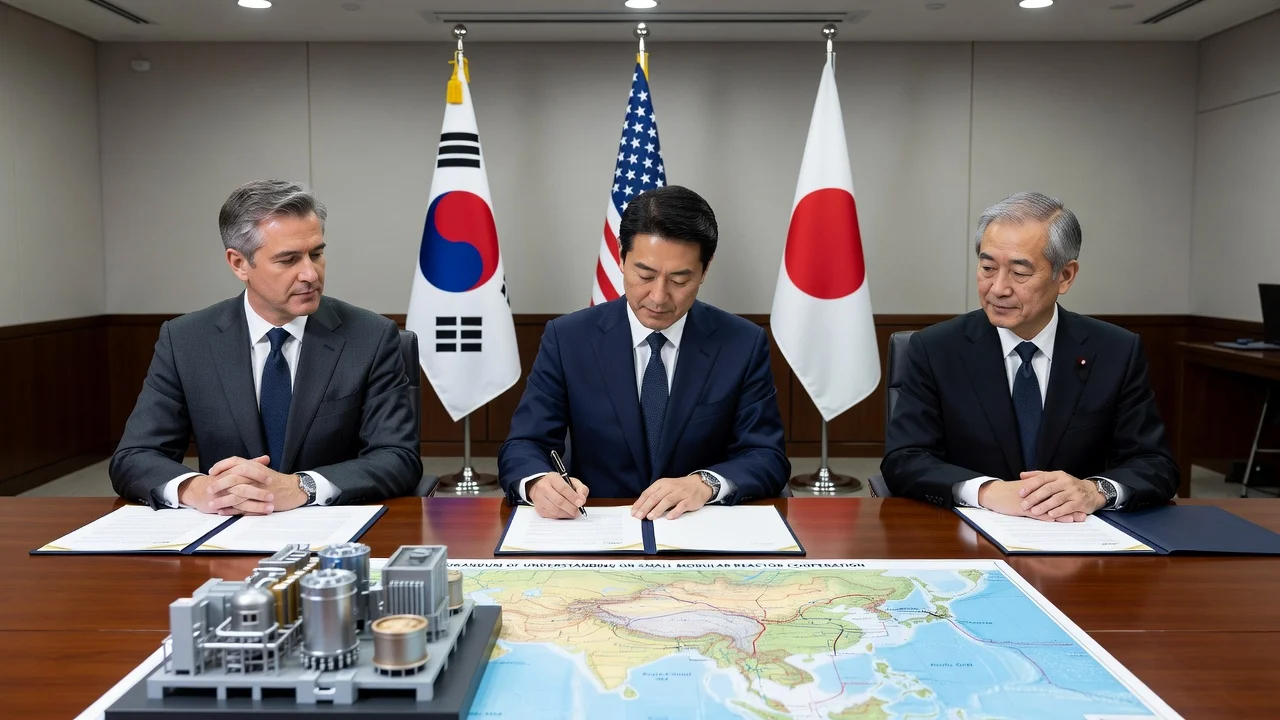 Diplomats from South Korea, the US, and Japan signing an agreement on small modular reactors.