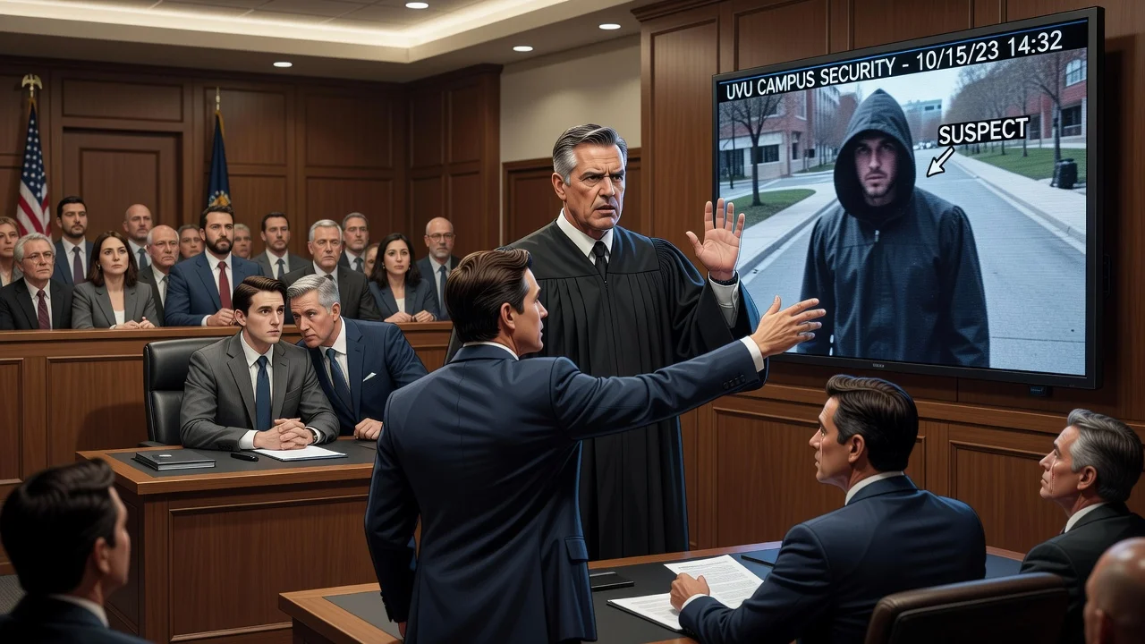 A judge flinches while viewing security footage in a courtroom during the hearing for Charlie Kirk's assassination.