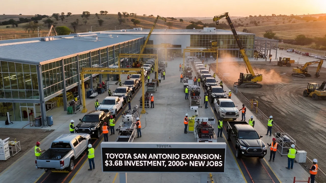 Toyota manufacturing plant in San Antonio with assembly lines and workers during expansion.