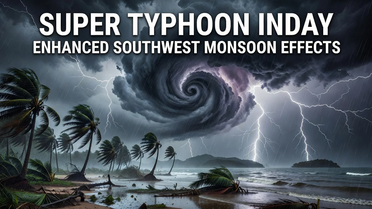 Dramatic scene of Super Typhoon Inday hitting the Philippines with stormy weather.