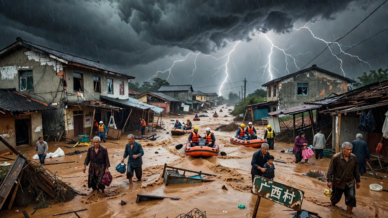 Rescue operations amid severe flooding from Typhoon Maysak in Guangxi, China.