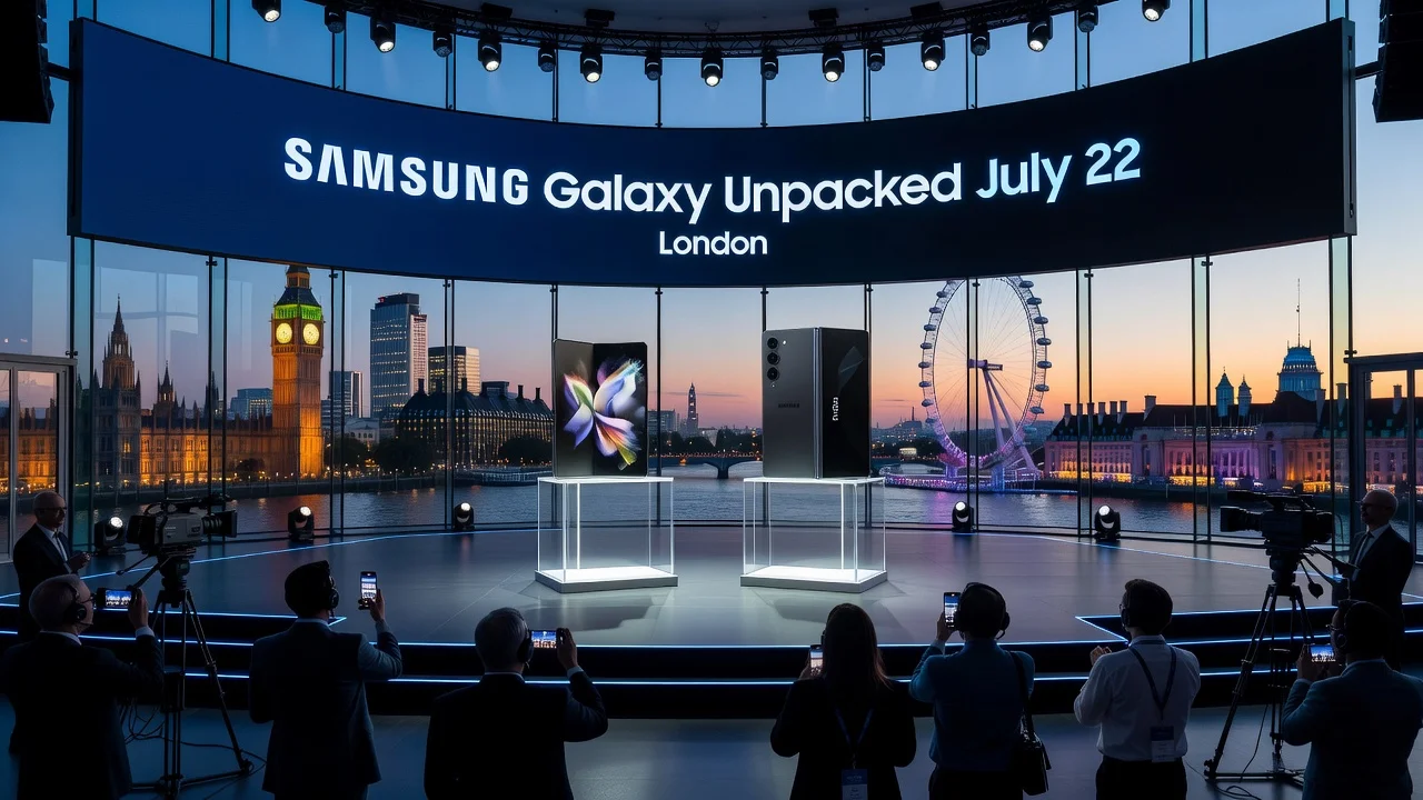 Samsung Galaxy Unpacked event in London showcasing latest foldable devices.