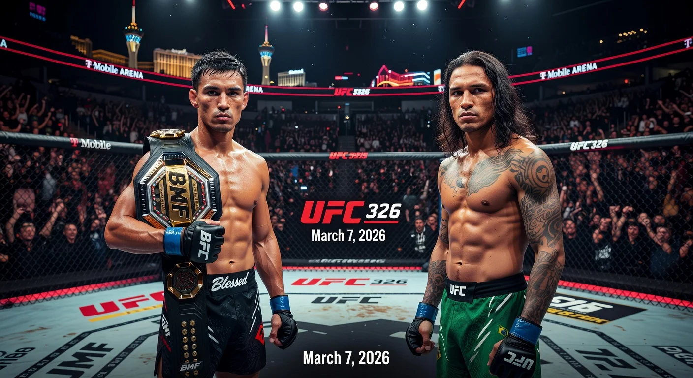 Dramatic staredown between Max Holloway and Charles Oliveira for UFC 326 BMF title rematch at T-Mobile Arena.