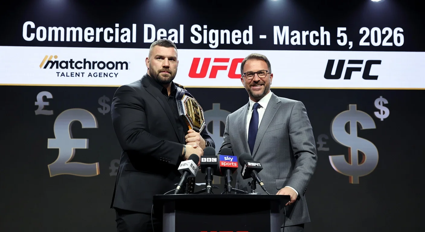UFC champion Tom Aspinall shakes hands with Eddie Hearn announcing Matchroom Talent Agency deal.