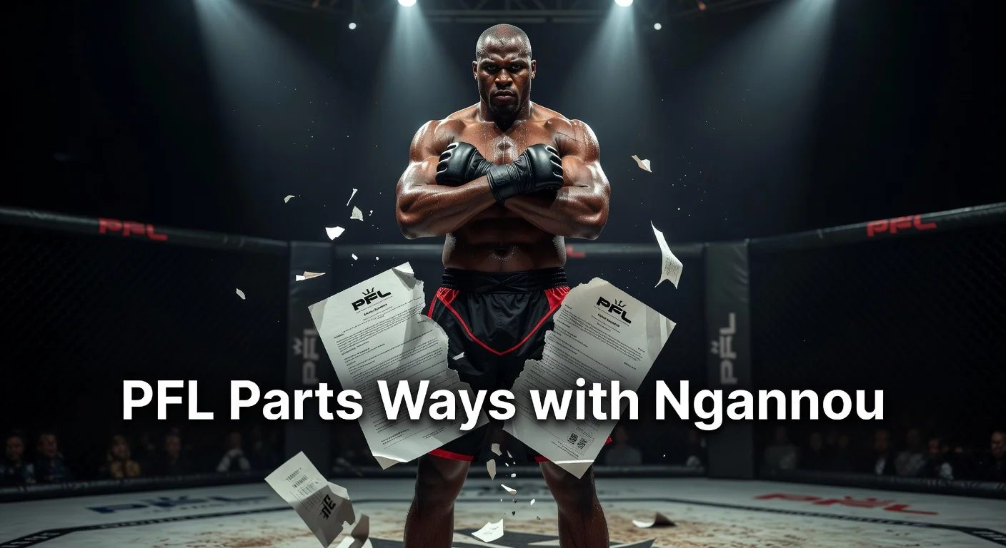Symbolic illustration of Francis Ngannou, former UFC champion, parting ways with PFL after one MMA fight, featuring a torn contract in an MMA octagon.