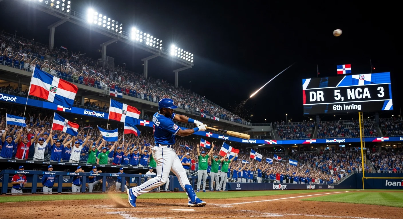 Junior Caminero hits game-breaking two-run homer for Dominican Republic's 12-3 win over Nicaragua in World Baseball Classic at loanDepot Park.