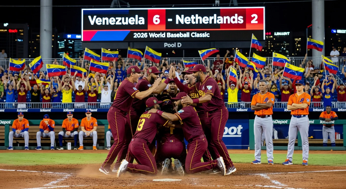 Venezuela celebrates 6-2 win over Netherlands in World Baseball Classic opener at loanDepot park, Miami.