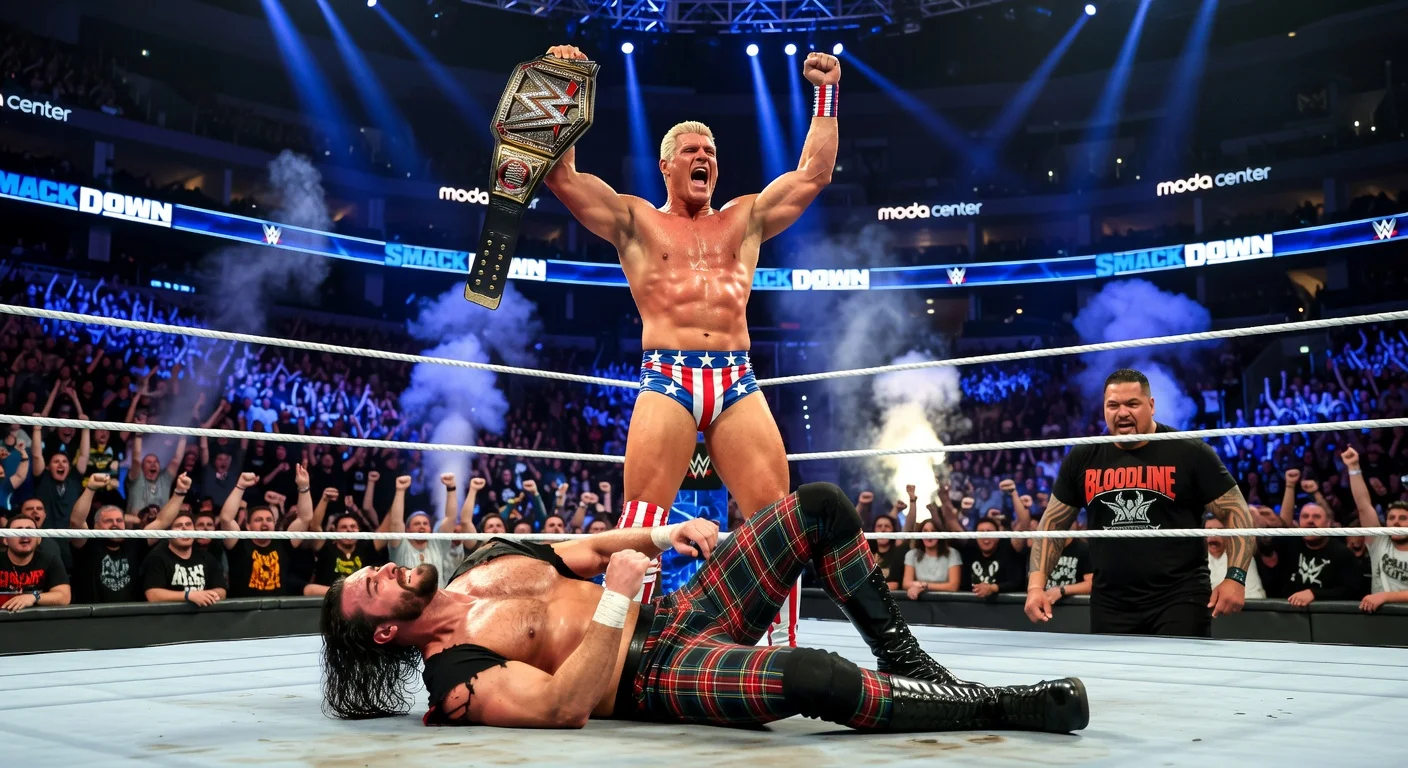 Cody Rhodes celebrates defeating Drew McIntyre to reclaim the Undisputed WWE Championship on SmackDown, assisted by Jacob Fatu.
