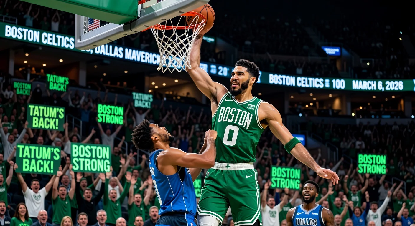 Jayson Tatum dunks powerfully in season debut, leading Celtics to victory over Mavericks.