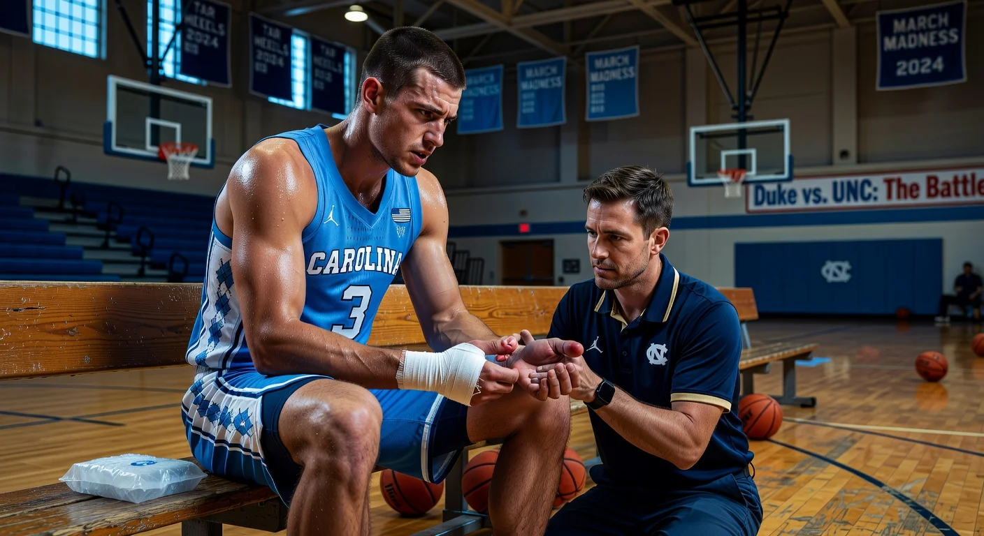 Dejected UNC freshman Caleb Wilson clutches fractured right thumb on practice bench as trainer attends, UNC gym background.