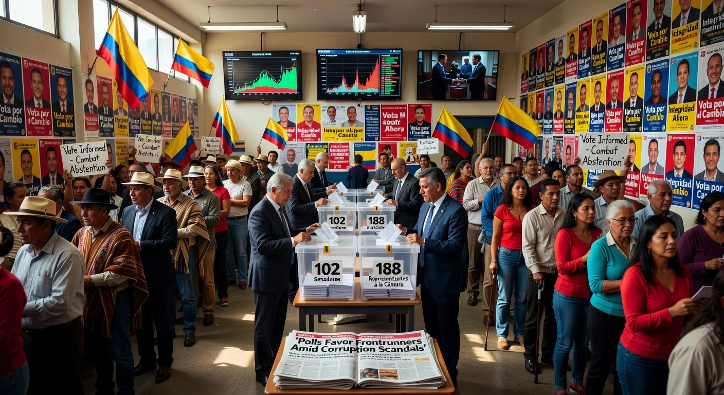 Realistic scene of a crowded Colombian polling station on election day, with voters, ballots, poll screens, and corruption-themed headlines evoking tension ahead of March 8 legislative polls.