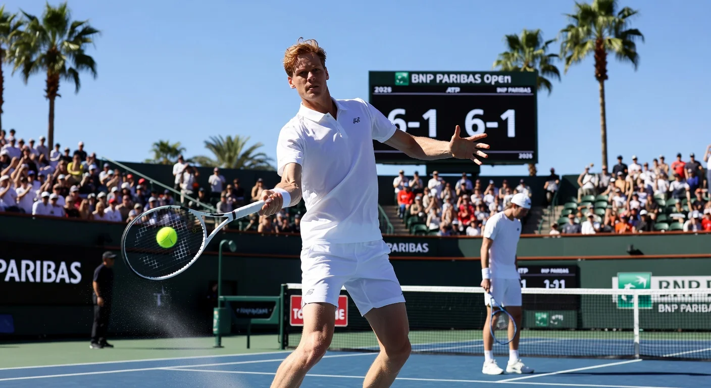 Jannik Sinner powerfully hits a forehand in his dominant 6-1, 6-1 win over Dalibor Svrcina at Indian Wells.