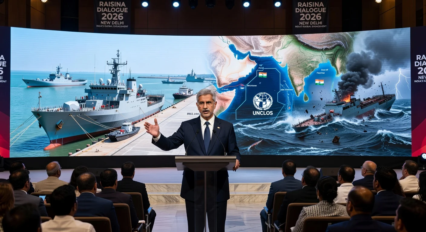 S. Jaishankar at Raisina Dialogue podium, screen showing Indian aid to Iranian ship IRIS Lavan after US sinking of IRIS Dena.