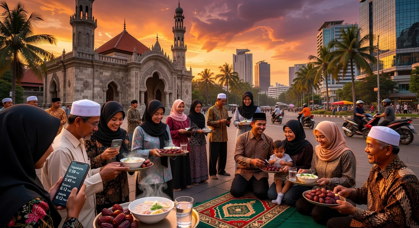 Indonesian Muslims gathering for Iftar at Maghrib prayer time in a city square, checking schedules amid sunset glow.
