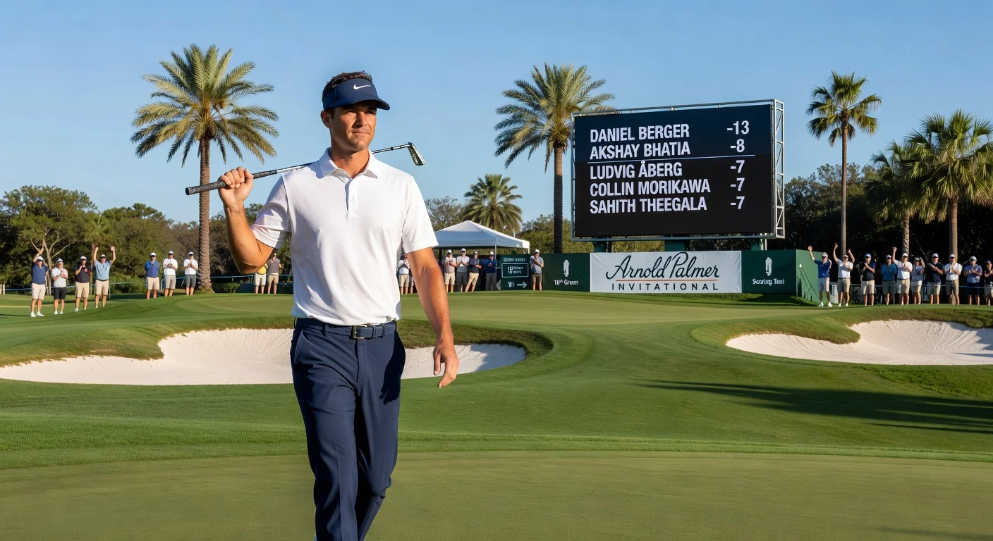 Daniel Berger leads the Arnold Palmer Invitational by five shots after round two, walking triumphantly on the 18th green with leaderboard in view.