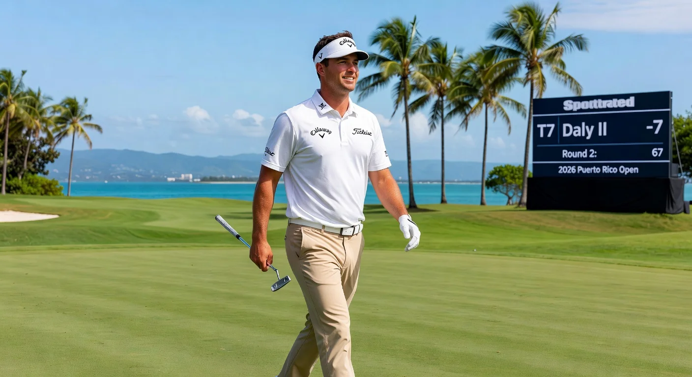 John Daly II celebrates tied for 7th after 67 in Round 2 of PGA Tour debut at Puerto Rico Open.