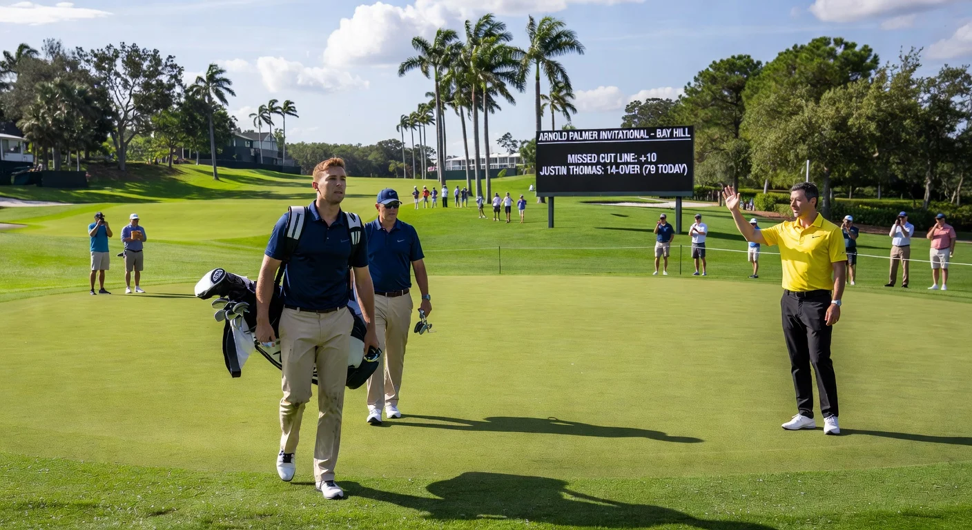 Justin Thomas strides off the 18th green at Bay Hill after missing the cut at the Arnold Palmer Invitational, with Rory McIlroy offering support amid lush golf course scenery.