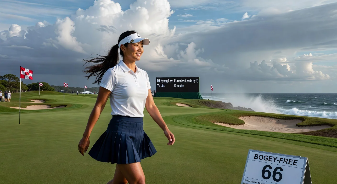 South Korean golfer Mi Hyang Lee celebrates her lead at 11-under par in windy conditions at the Blue Bay LPGA in China.