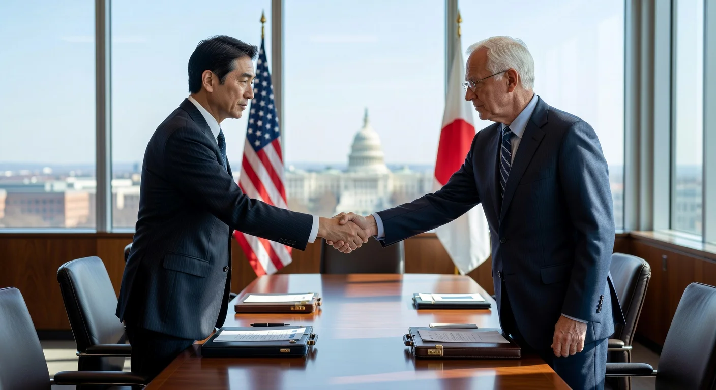 Japanese Minister Ryosei Akazawa shakes hands with U.S. Commerce Secretary Howard Lutnick during tariff exemption talks in Washington.