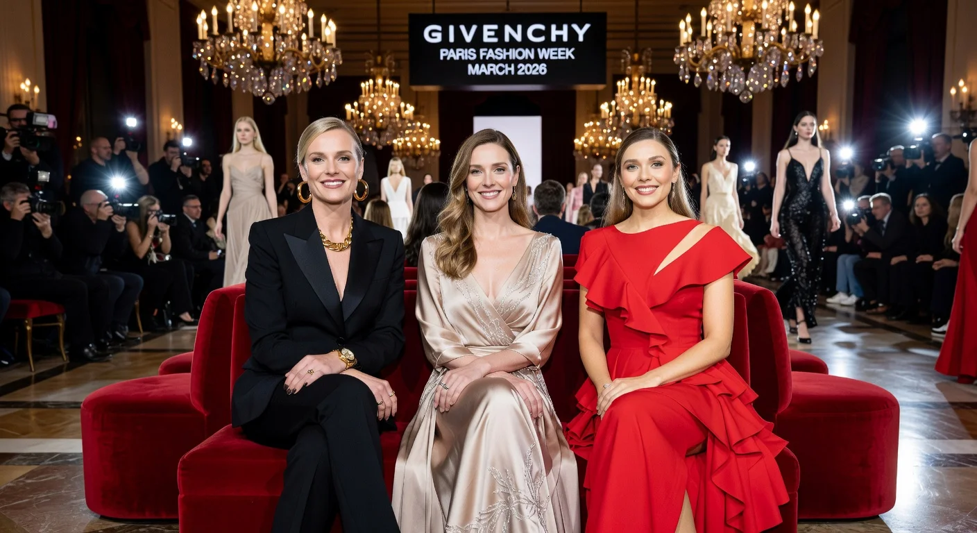 Celebrities Sarah Pidgeon, Diane Kruger, and Elizabeth Olsen at the front row of the Givenchy show during Paris Fashion Week in March 2026.