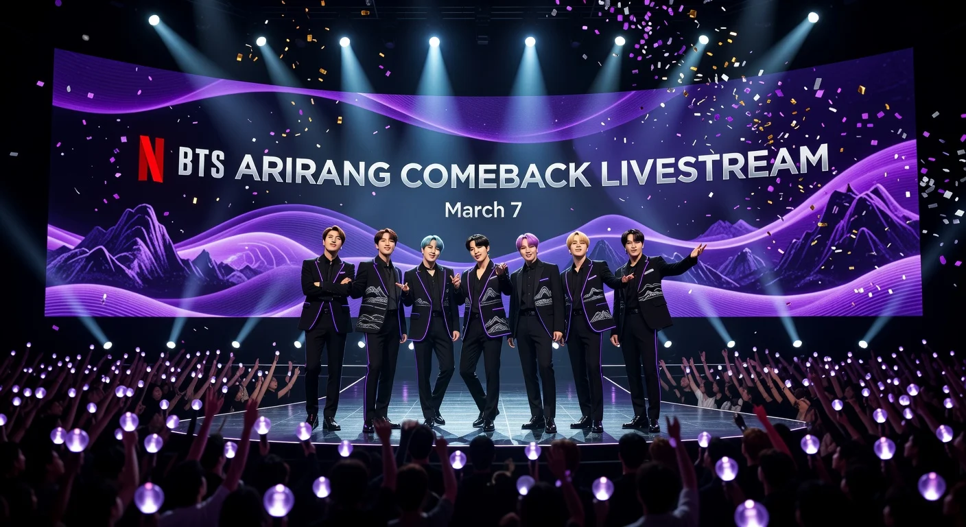 Illustrative teaser for Netflix's BTS ARIRANG comeback livestream, featuring the group on stage with promotional graphics and excited fans.