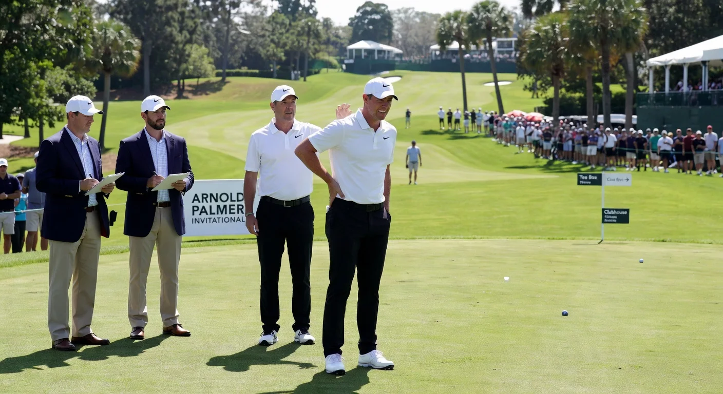 Rory McIlroy holds his lower back in pain while withdrawing from the Arnold Palmer Invitational golf tournament.