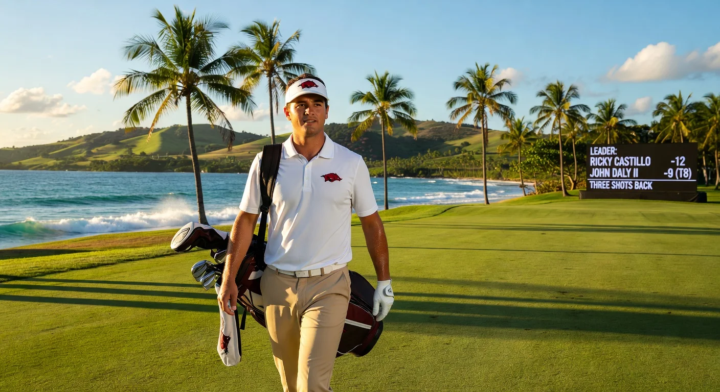 John Daly II strides down the fairway at the Puerto Rico Open, three shots back in his PGA Tour debut as an amateur.