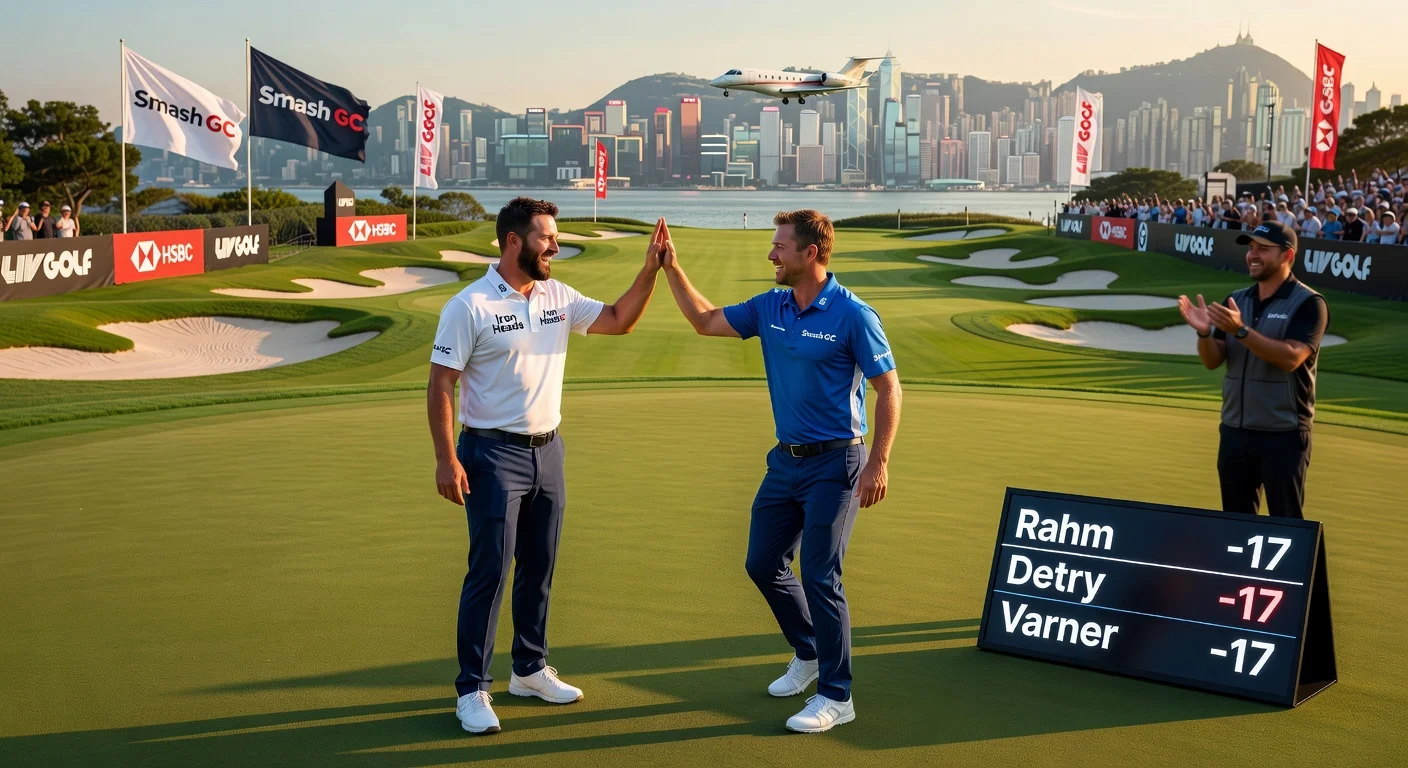 Jon Rahm and Thomas Detry celebrate tying for the lead at LIV Golf Hong Kong, with Hong Kong skyline and symbolic private jet in the background.