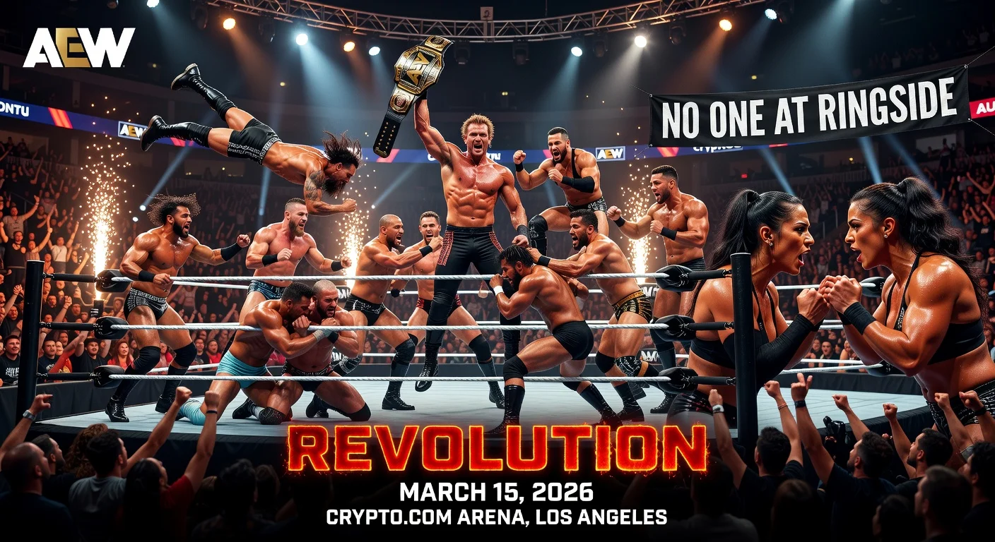 Promotional illustration of AEW Revolution new matches: Ricochet defending National Title in 21-man Battle Royale and Toni Storm vs. Marina Shafir no-ringside bout.