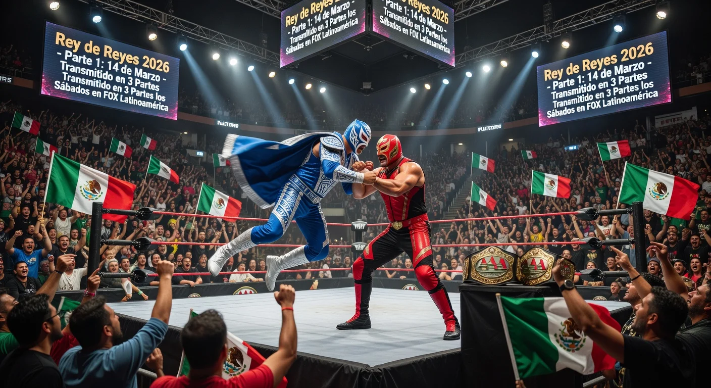 Photorealistic depiction of intense Lucha Libre action at AAA's Rey de Reyes event in Puebla arena, highlighting the three-part TV broadcast announcement.
