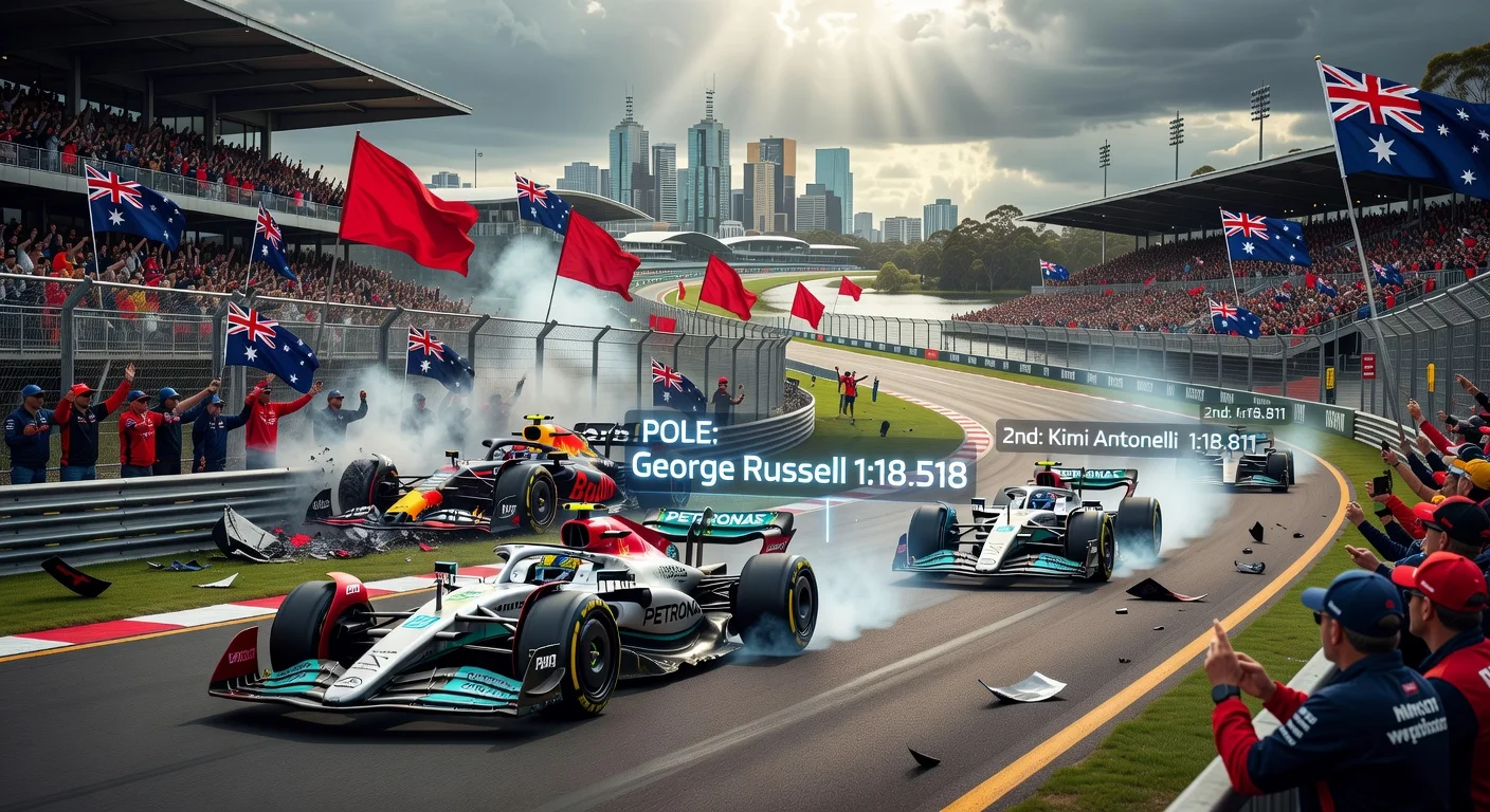 George Russell on pole in Mercedes 1-2 at chaotic 2026 Australian GP qualifying, Verstappen crash in background.