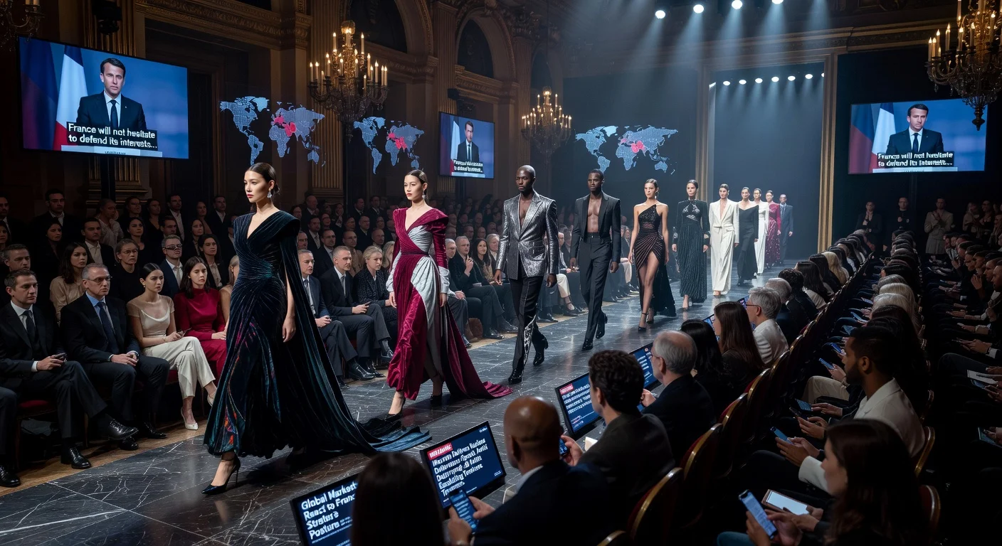 Paris Fashion Week runway show contrasting high fashion glamour with attendees' concerned expressions amid Macron's nuclear speech news.
