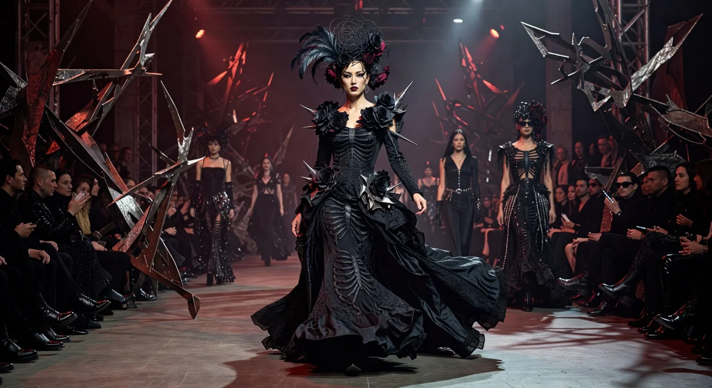 Runway model showcasing Noir Kei Ninomiya's gothic-floral fall 2026 collection at Paris Fashion Week.