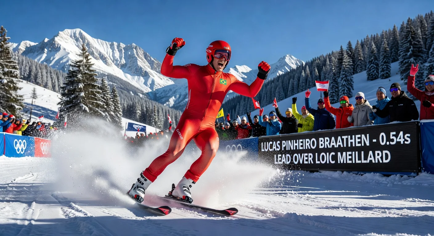 Lucas Pinheiro Braathen crosses the finish line to win the Kranjska Gora giant slalom World Cup race amid snowy Slovenian mountains.