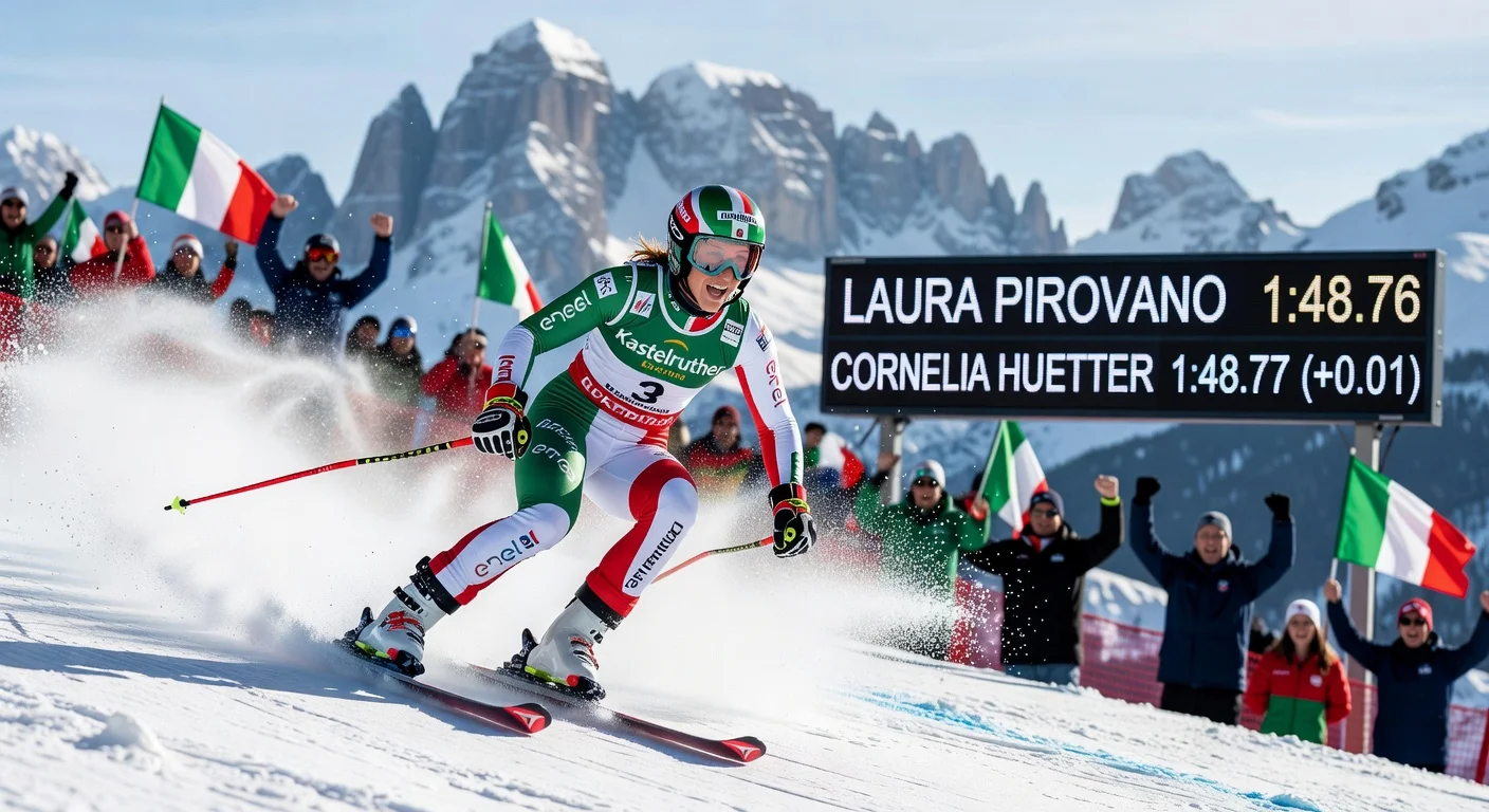 Laura Pirovano celebrates her razor-thin 0.01-second World Cup downhill victory in Val di Fassa, leading the standings after back-to-back wins.