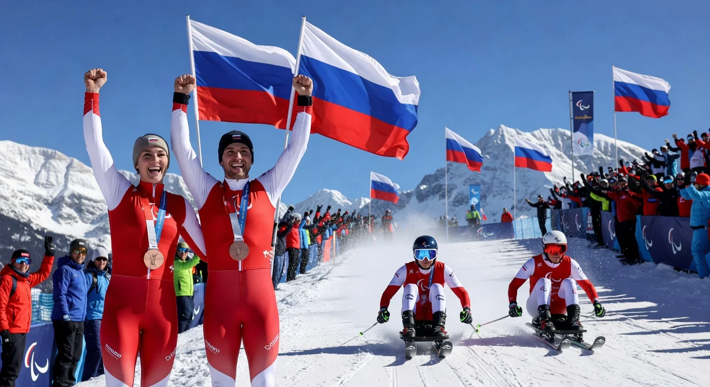 Russian para skiers Varvara Voronchikhina and Aleksei Bugaev celebrate bronze medals on podium at 2026 Paralympics; U.S. athletes race in background.