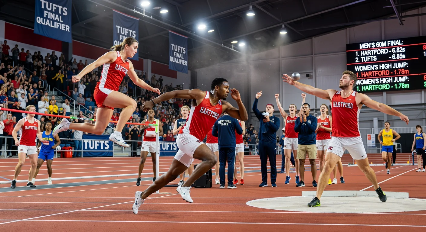 University of Hartford track athletes in action at Tufts indoor qualifier, sprinting, jumping, and throwing amid cheering crowds.