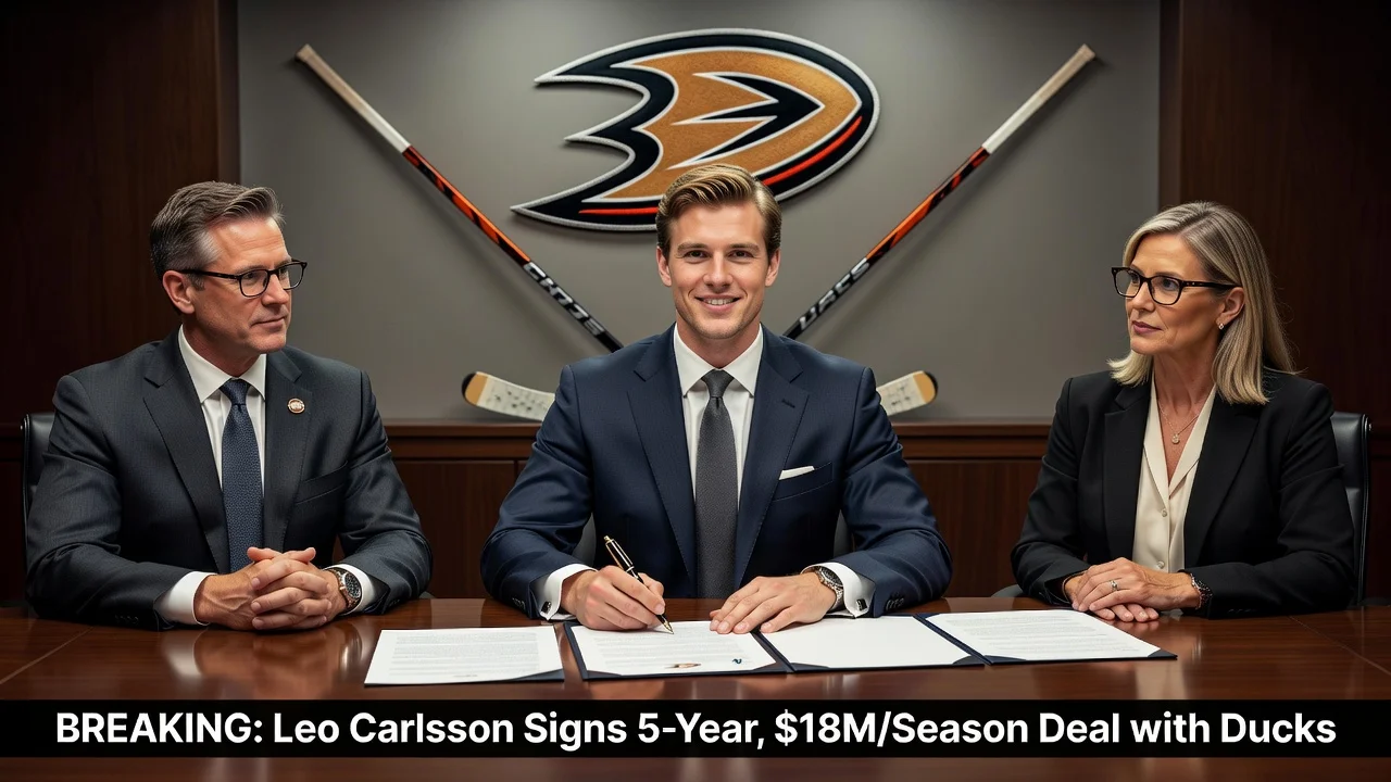 Leo Carlsson signing his record contract with the Anaheim Ducks