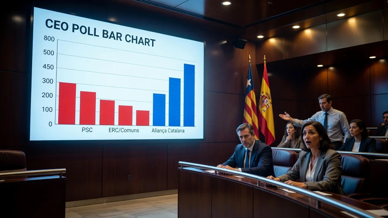Poll chart illustration showing PSC losing seats and Aliança Catalana rising to third in Catalonia