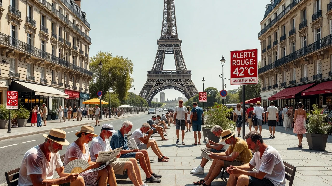 Paris streets during severe heatwave with red alert warnings and people suffering from high temperatures