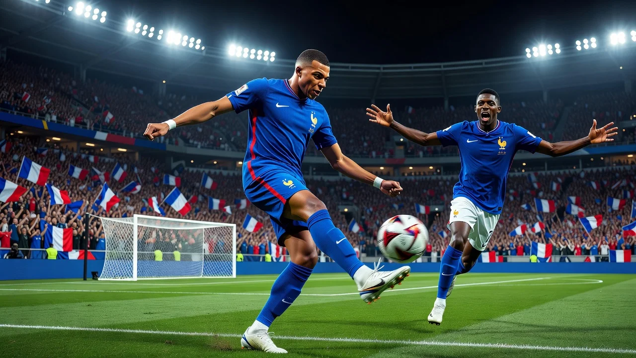 France defeats Morocco 2-0 in World Cup quarterfinals, with Mbappé scoring and fans celebrating.