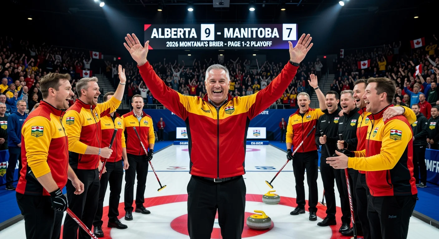 Kevin Koe and Alberta curling team celebrate undefeated advancement to Brier final after playoff win over Manitoba.