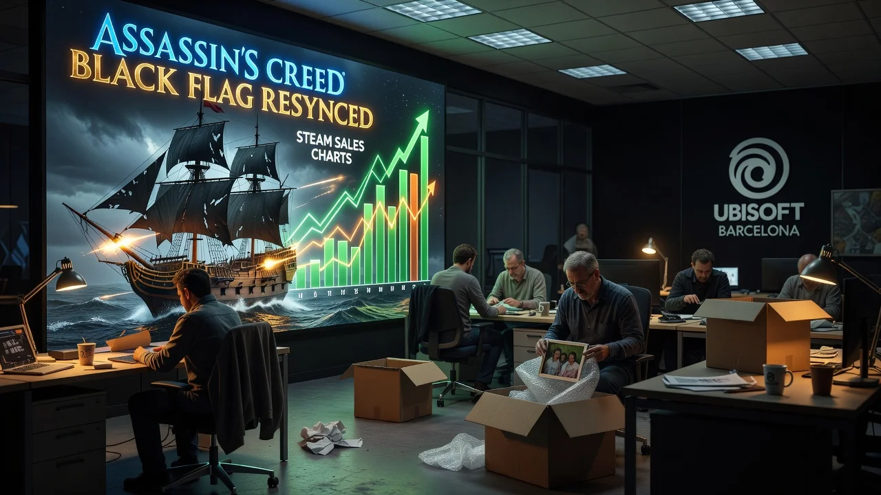 Illustration showing the successful launch of Assassin's Creed Black Flag Resynced contrasted with Ubisoft Barcelona layoffs