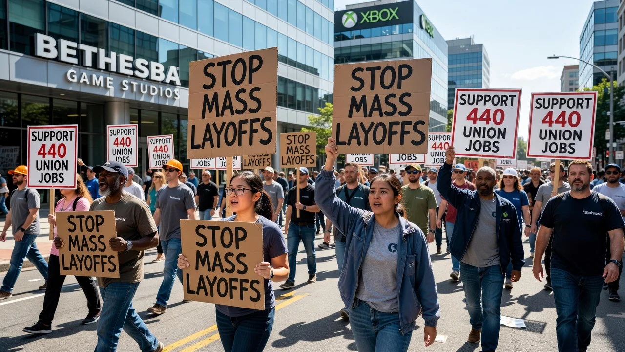 Union workers from Bethesda protesting Xbox layoffs with signs during a march.