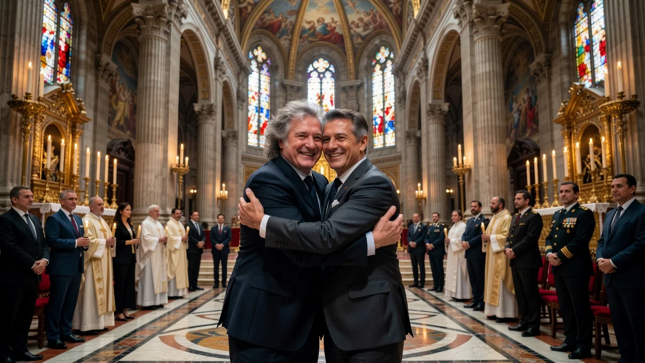 Javier Milei and Jorge Macri embracing warmly at the Tedeum in Buenos Aires Cathedral, illustrating their reconciliation.